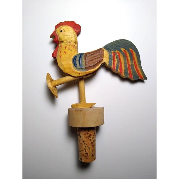 Mechanical Rooster Hen Kicks Foot Bottle Stopper Carved Wooden Barware Cork Anri